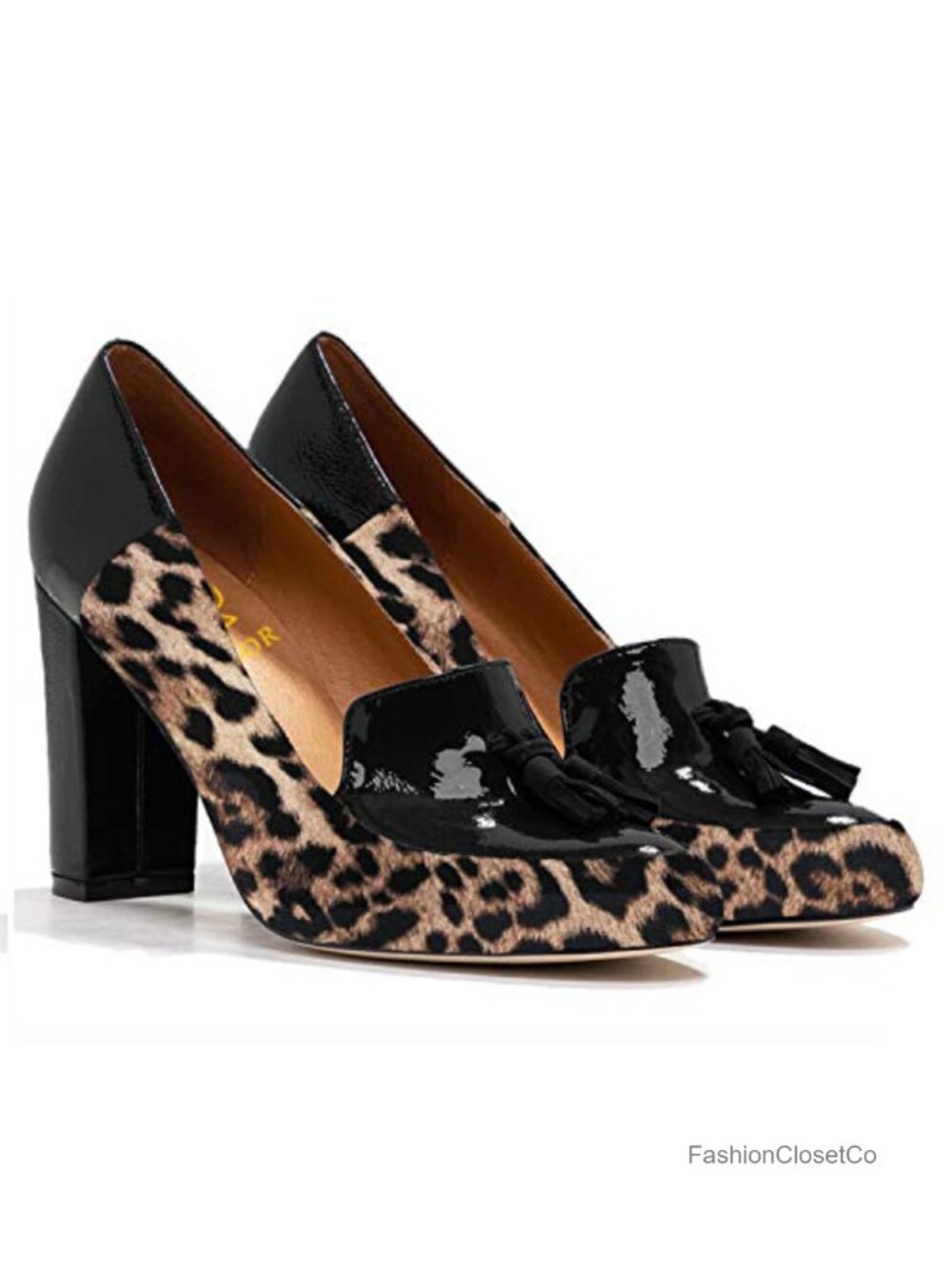 Chunky Block High Heel Fringed Pumps Suede Patent Leather Tassel Round Toe Slip